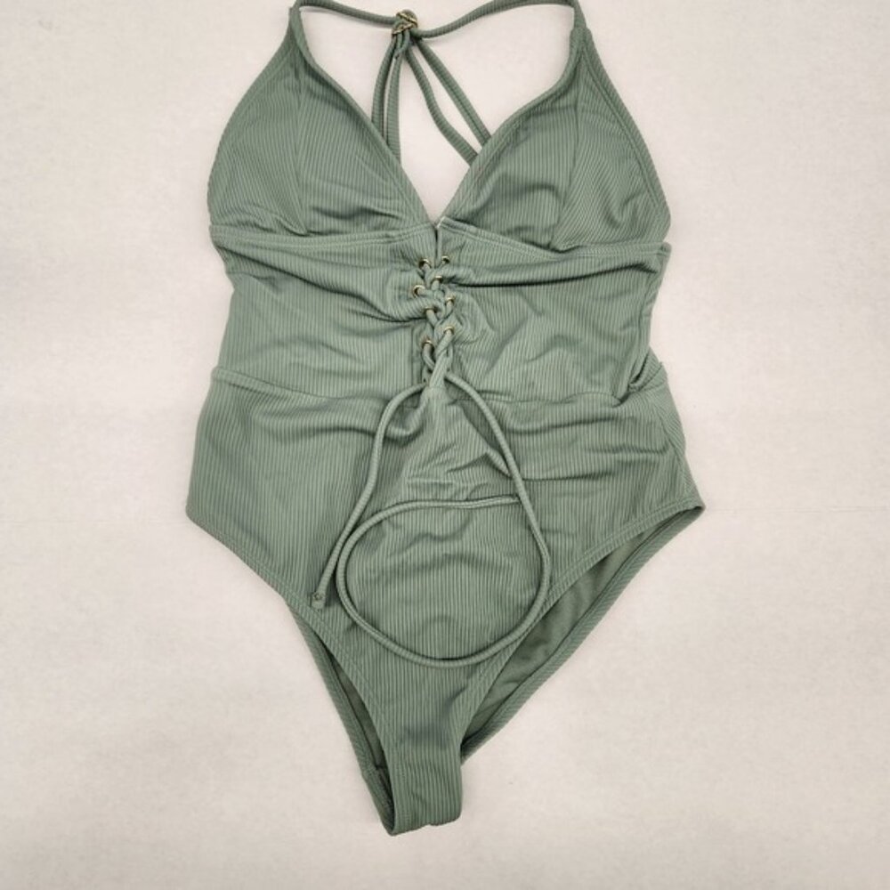 Trillium Green Ribbed Lace-Up One Piece bodysuit swim Criss Cross Straps‎ Size S